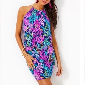 LILLY PULITZER Sz M AEGEAN NAVY CALYPSO COAST SONIQUE HALTER DRESS